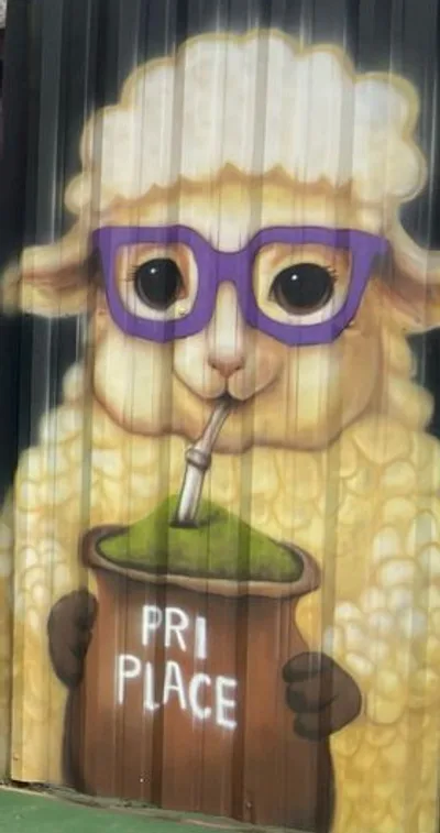 Grafite de uma ovelhinha de óculos roxos tomando chimarrão numa cuia escrita Pri Place